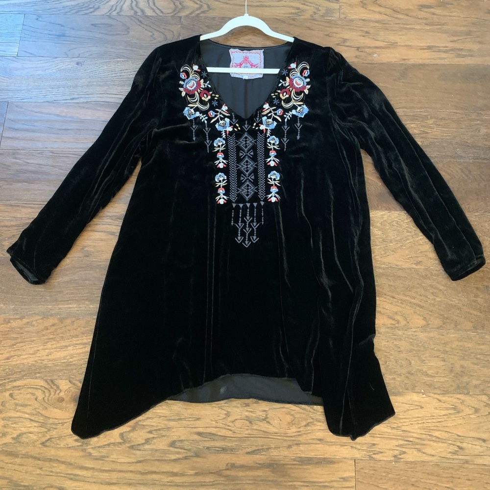Johnny Was Black Velvet Tunic with Multicolor Embroidery